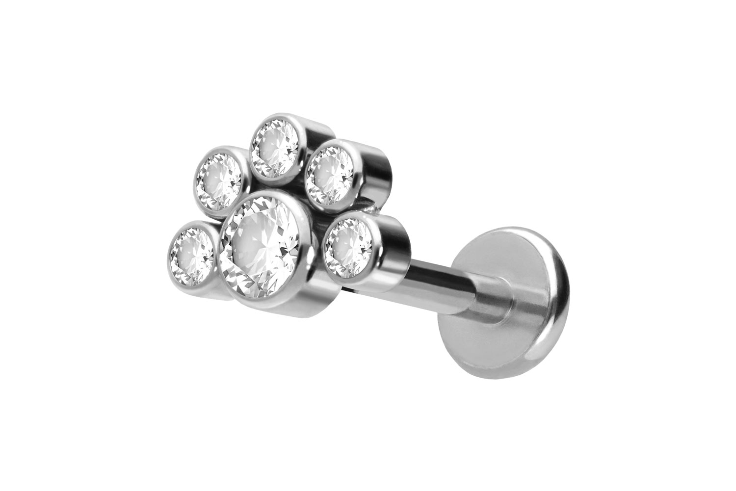 Titan Labret Piercing mit Push Fit 6 KRISTALLE